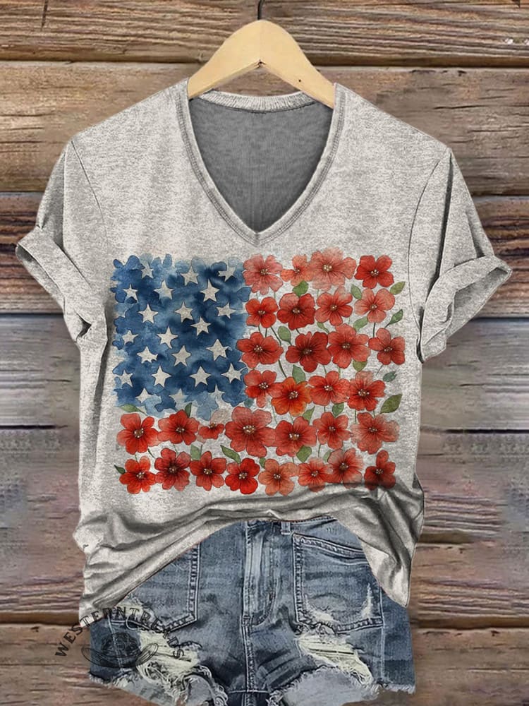 American Flag Floral Print V-neck Casual T-Shirt