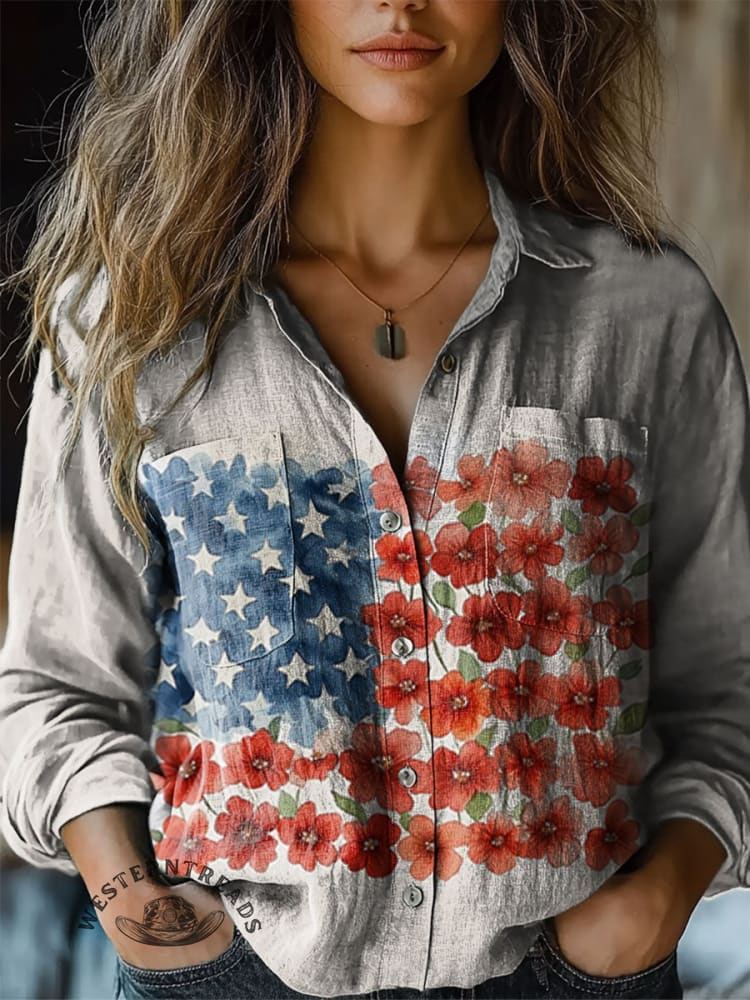 American Flag Floral Print V-neck Casual T-Shirt - Image 4