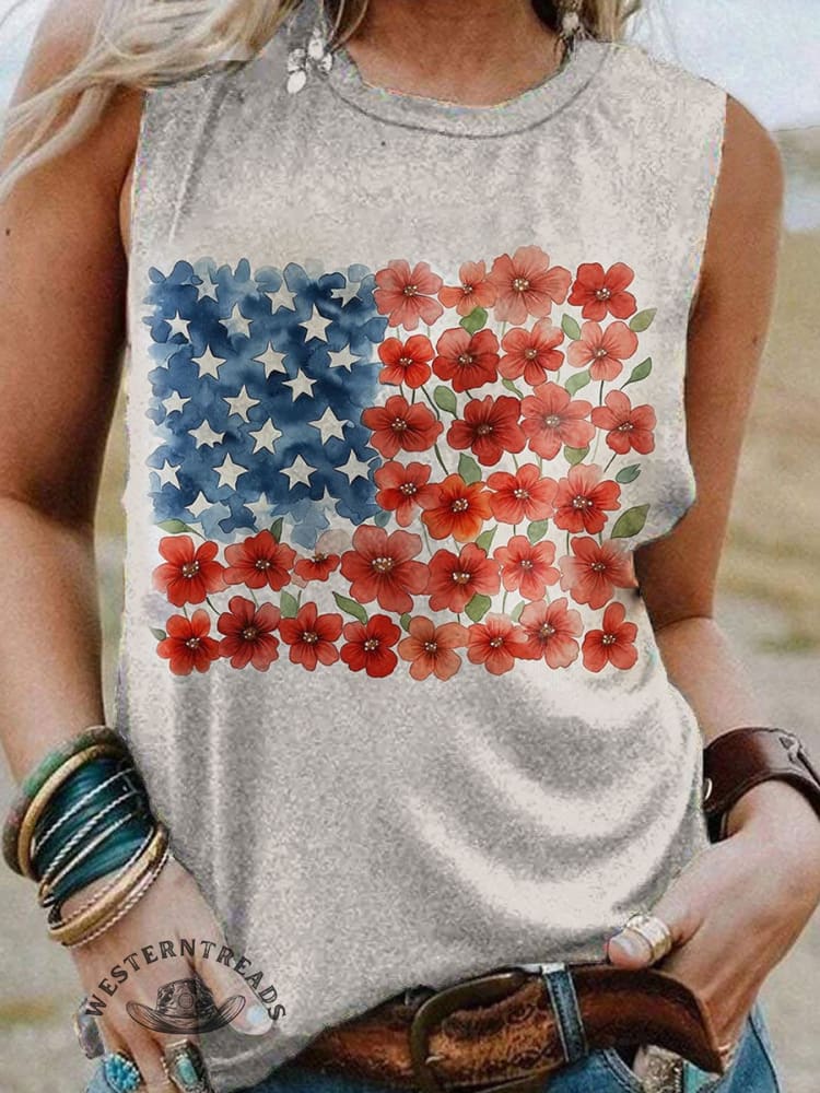 American Flag Floral Print V-neck Casual T-Shirt - Image 6