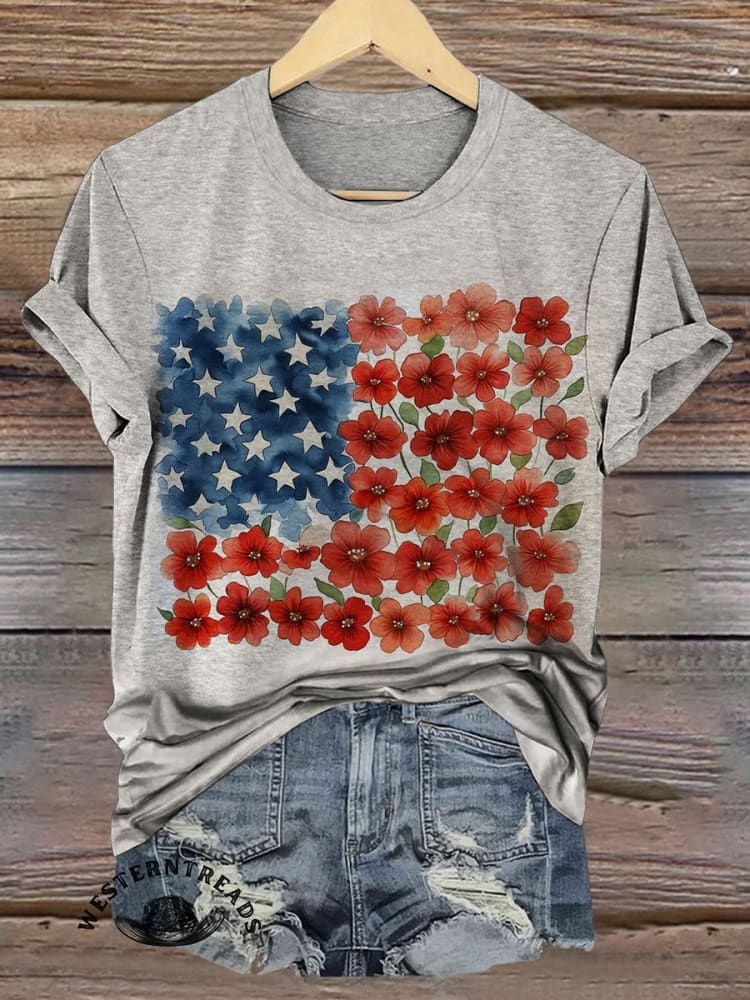 American Flag Floral Print V-neck Casual T-Shirt - Image 7