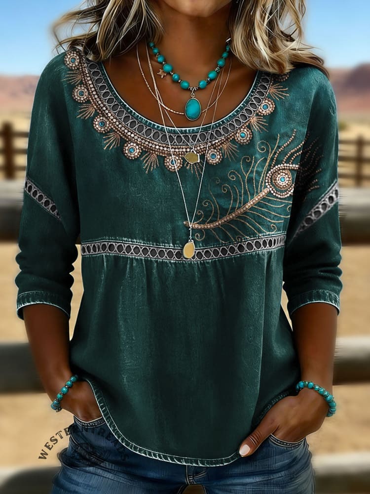 Art Print Casual 3/4 Sleeves Hollow Denim Shirt