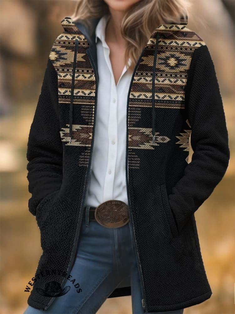 Aztec Print Unisex Plush Thick Long-Sleeved Cardigan Coat - Image 2