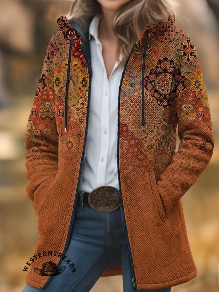 Aztec Print Unisex Plush Thick Long-Sleeved Cardigan Coat - Image 3