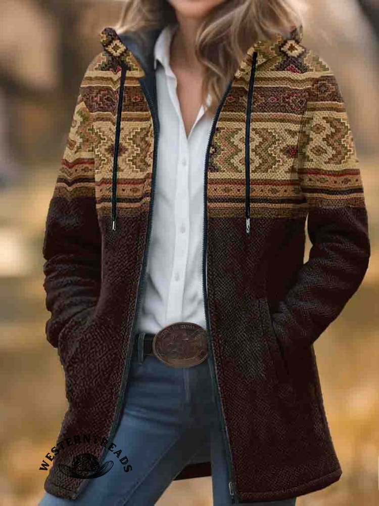 Aztec Print Unisex Plush Thick Long-Sleeved Cardigan Coat - Image 4