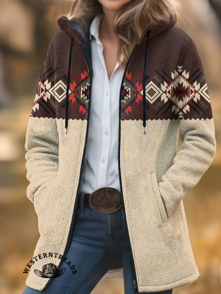 Aztec Print Unisex Plush Thick Long-Sleeved Cardigan Coat - Image 5