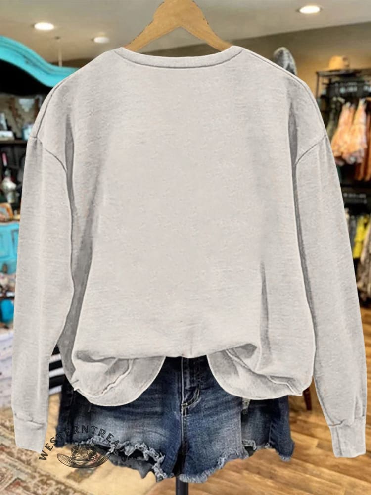 Beige Vintage Cow Print Casual Sweatshirt - Image 2