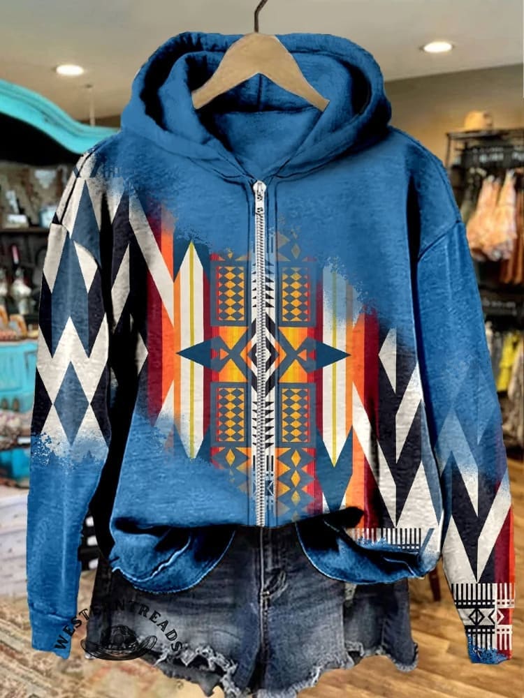 🔥Hot Sale🔥Blue Aztec Print Casual Sweatshirt - Image 13