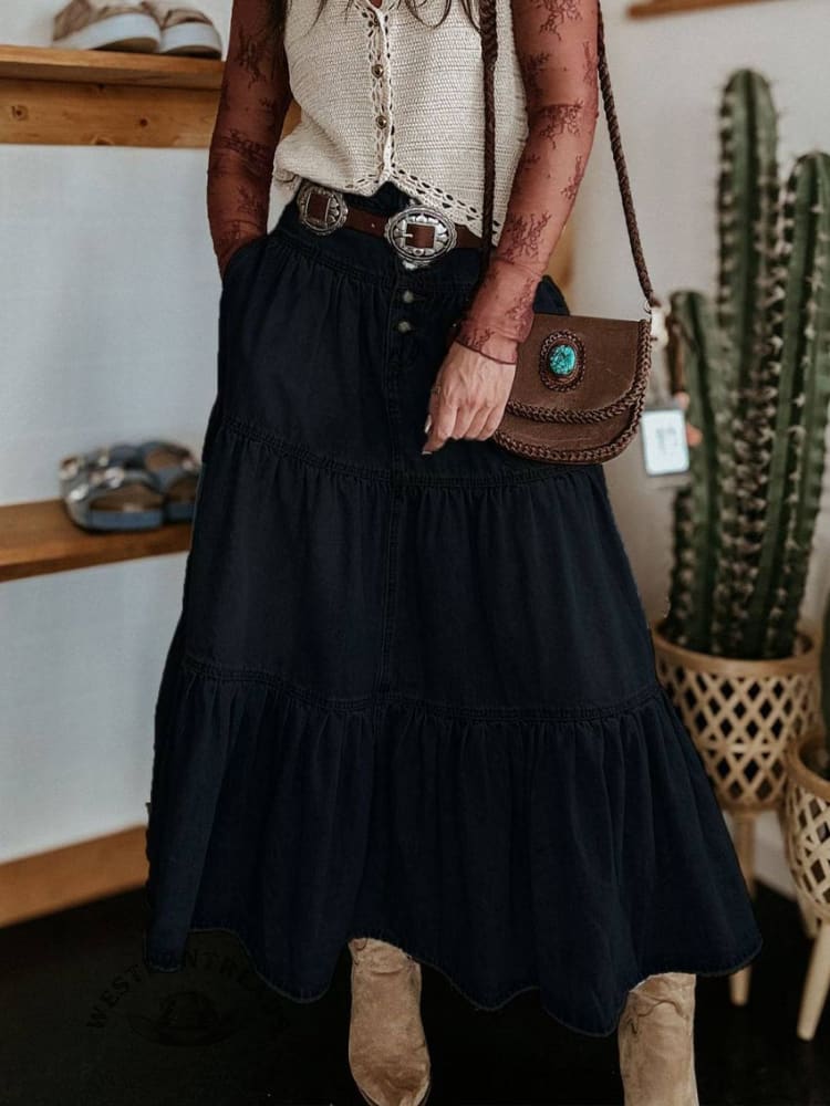 Boho Layered Denim Skirt - Image 4