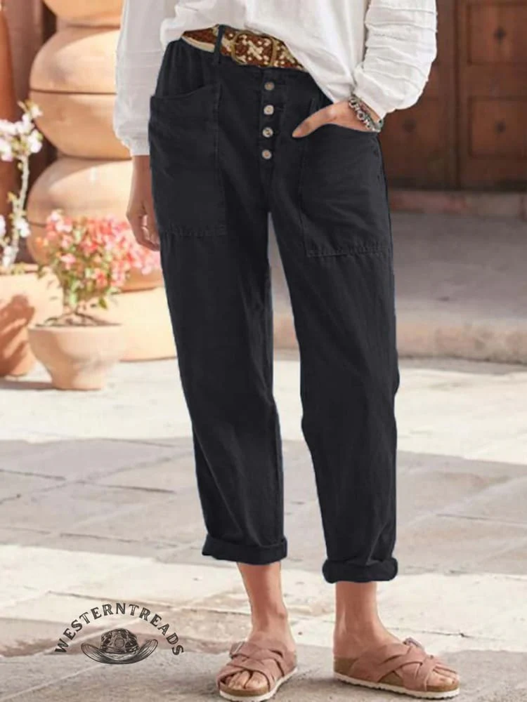 Solid Color Breasted Cotton Hemp Loose Casual Pants - Image 4