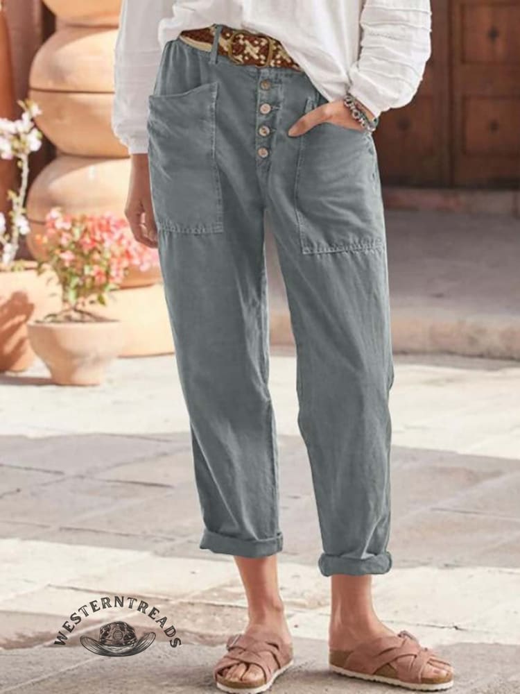 Solid Color Breasted Cotton Hemp Loose Casual Pants - Image 5