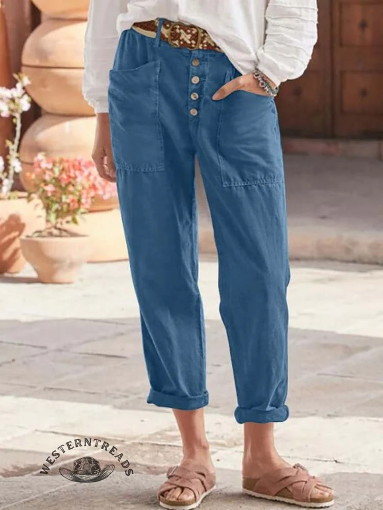 Solid Color Breasted Cotton Hemp Loose Casual Pants - Image 7
