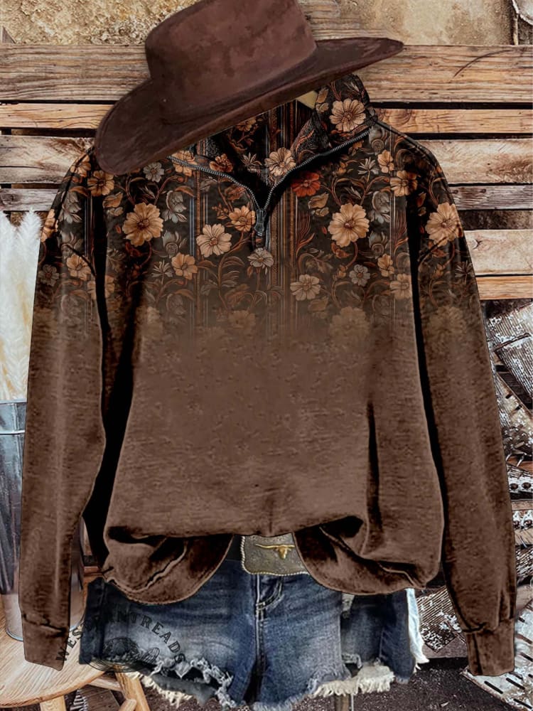 Brown Flower Casual Long Sleeve Zip Sweatshirt