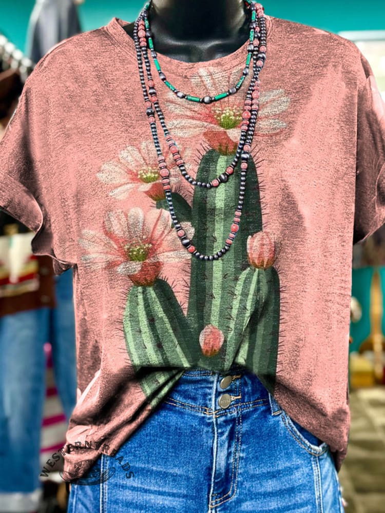 Cactus Art Print Casual Short Sleeve T-shirt