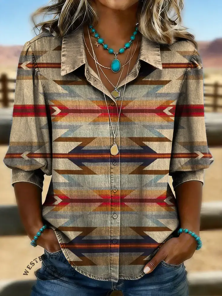 Color Aztec Art Print Casual Puff Sleeve Denim Shirt