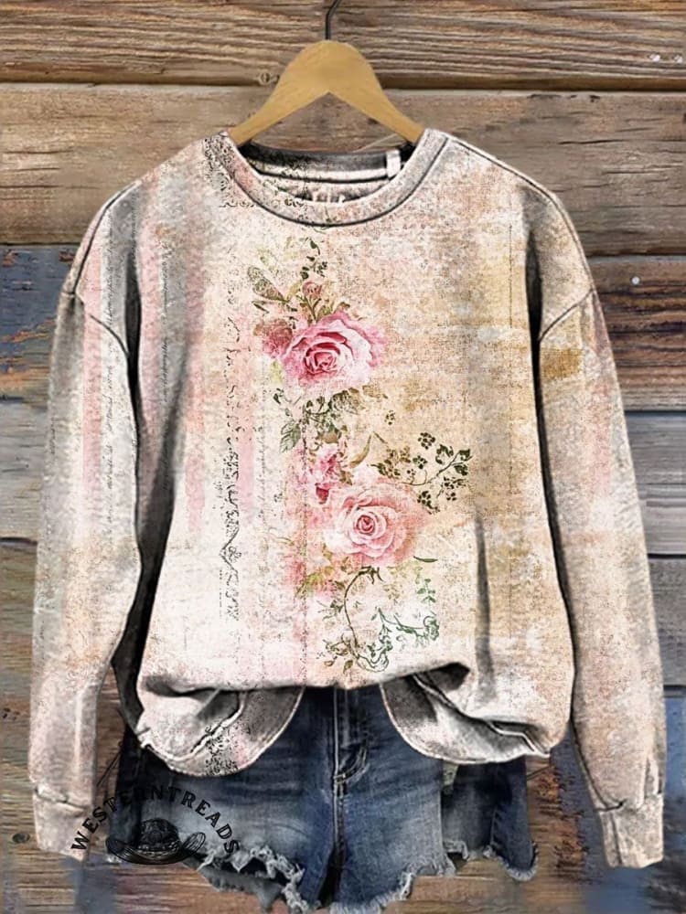 Colorblock Floral Art Print Casual Sweatshirt - Image 3