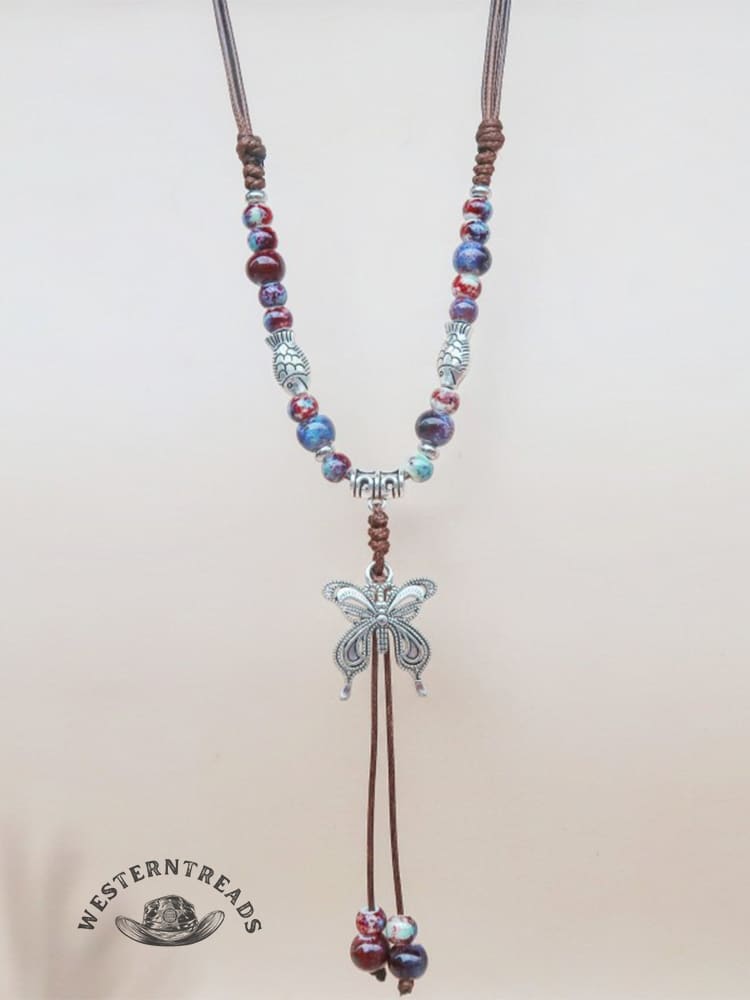 Colorful Beaded Butterfly Braided Rope Ethnic Necklace - Image 2