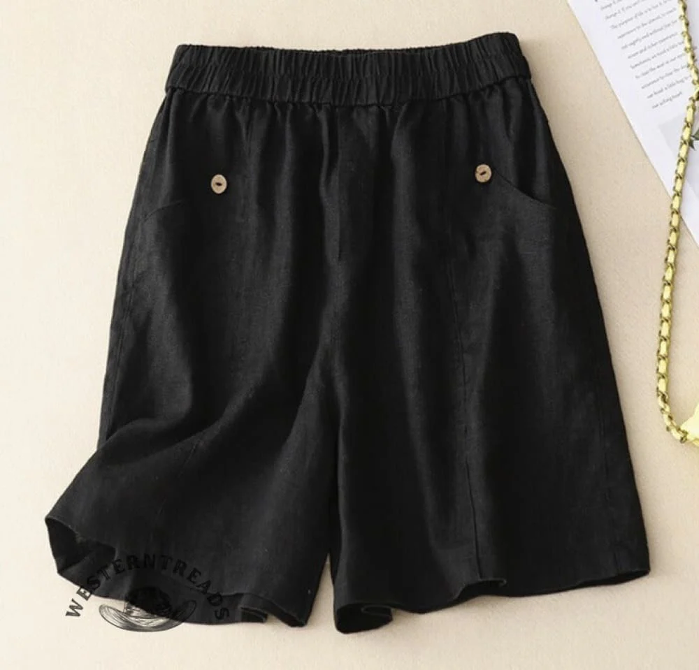 Cotton And Linen Solid Color Elastic Waist Shorts - Image 4