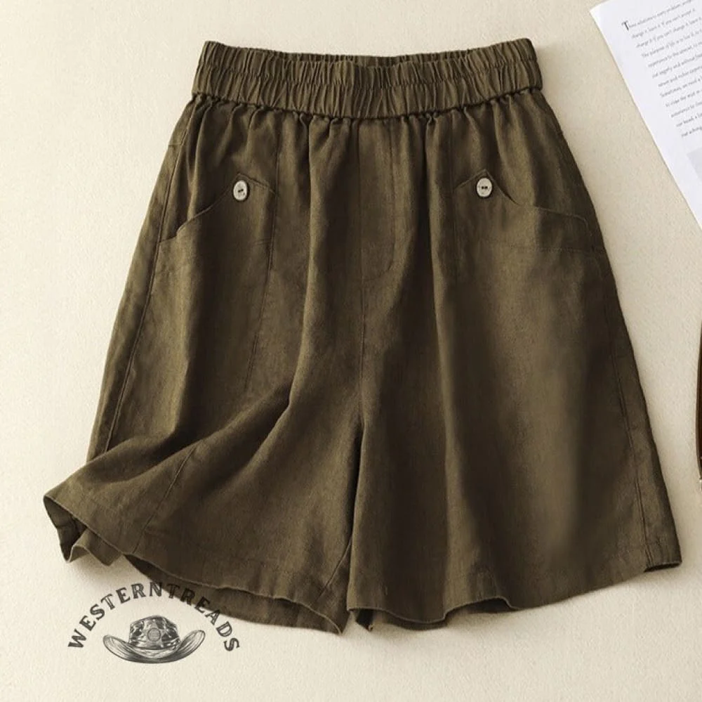 Cotton And Linen Solid Color Elastic Waist Shorts - Image 5