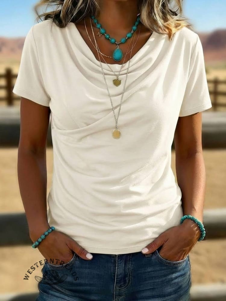 Cotton Drape Top Asymmetric Short Sleeve Blouse - Image 3