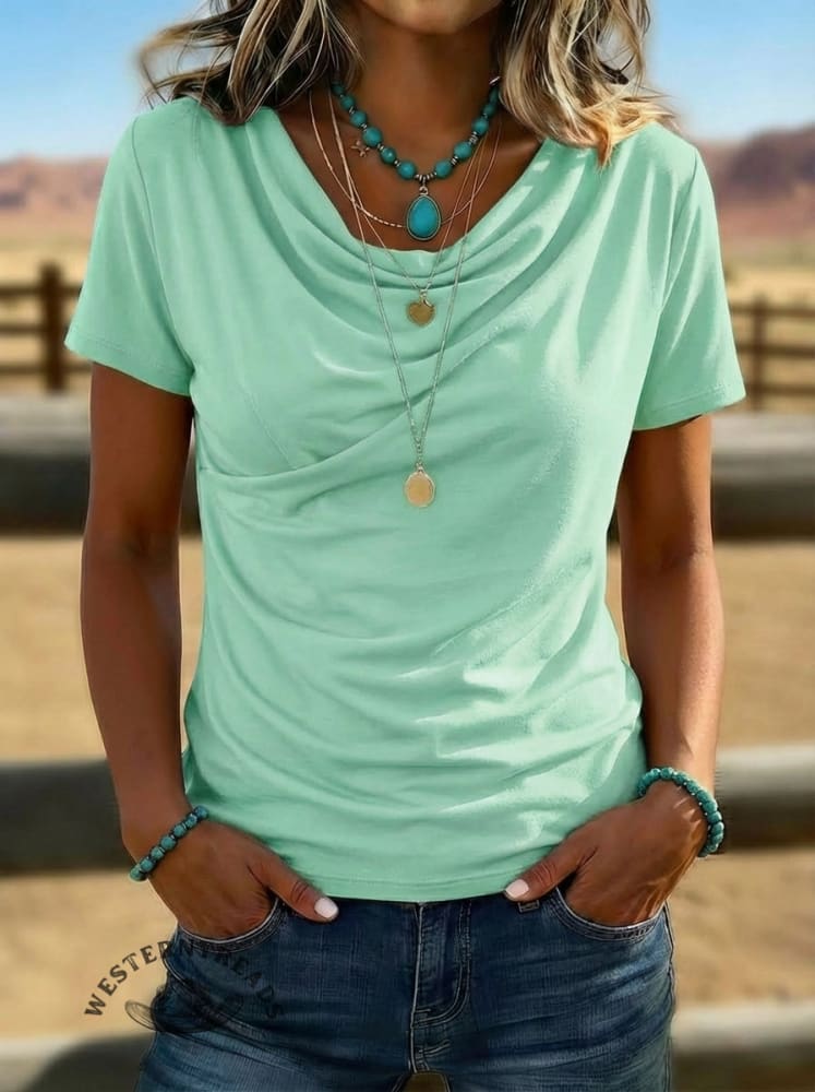 Cotton Drape Top Asymmetric Short Sleeve Blouse - Image 4
