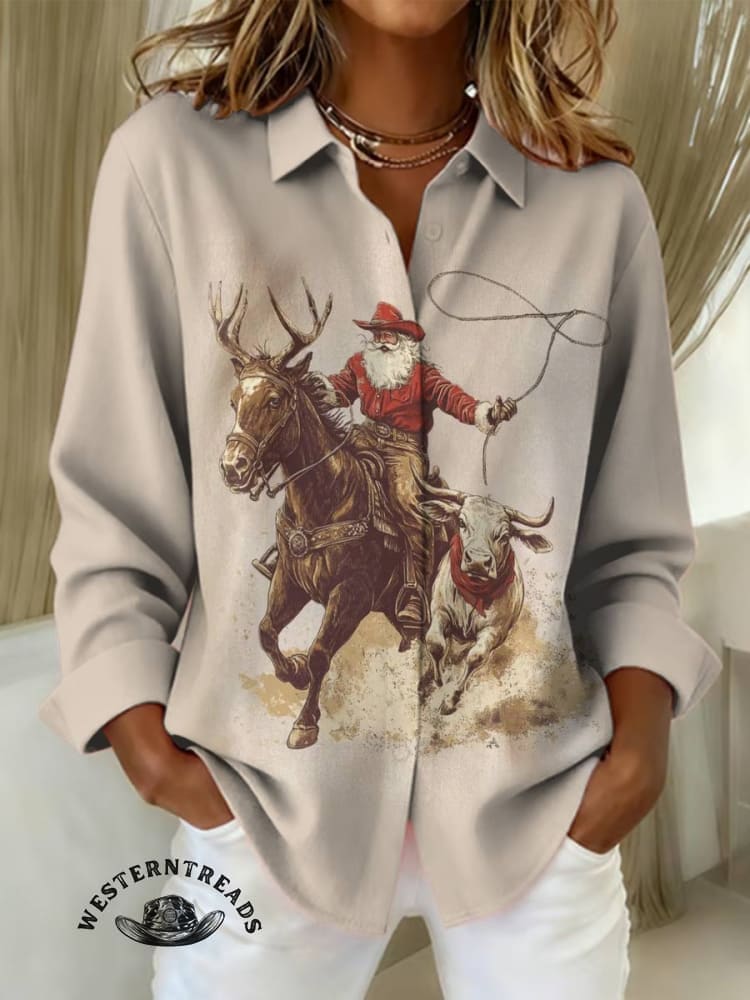 Cowboy Santa Claus Print Casual Cotton Sweatshirt - Image 4