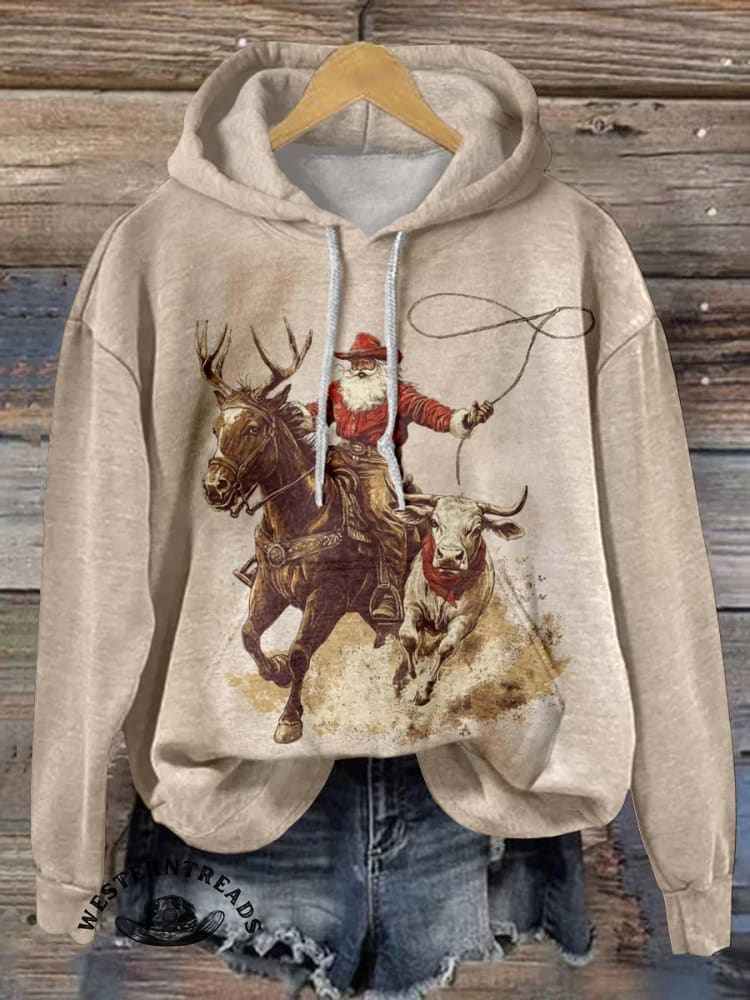 Cowboy Santa Claus Print Casual Cotton Sweatshirt - Image 5