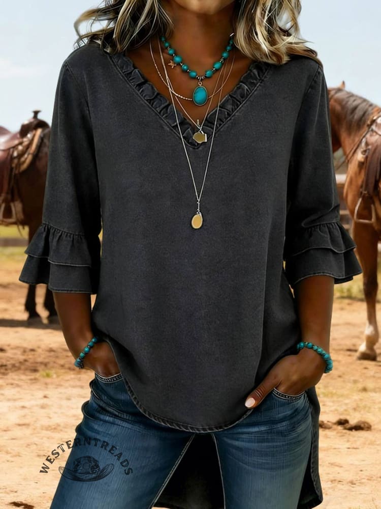 Cozy Ruffled V-neck Denim Cotton Top - Image 3