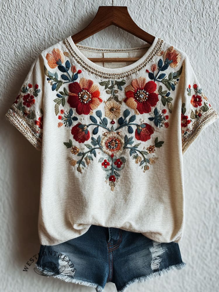 Ethnic Flowers Art Print Casual Short Sleeve T-shirt