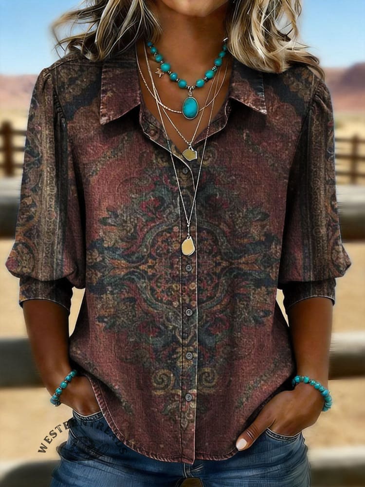 Ethnic Flowers Print Casual Puff Sleeve Denim Shirt
