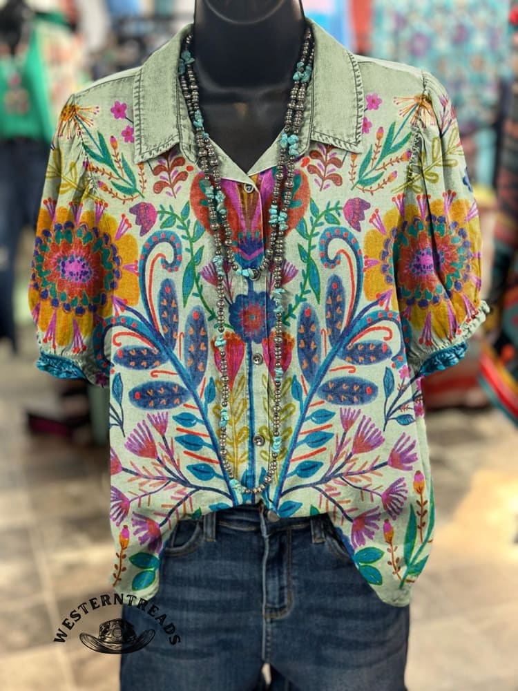 Ethnic Flowers Print Casual T-shirt - Image 3