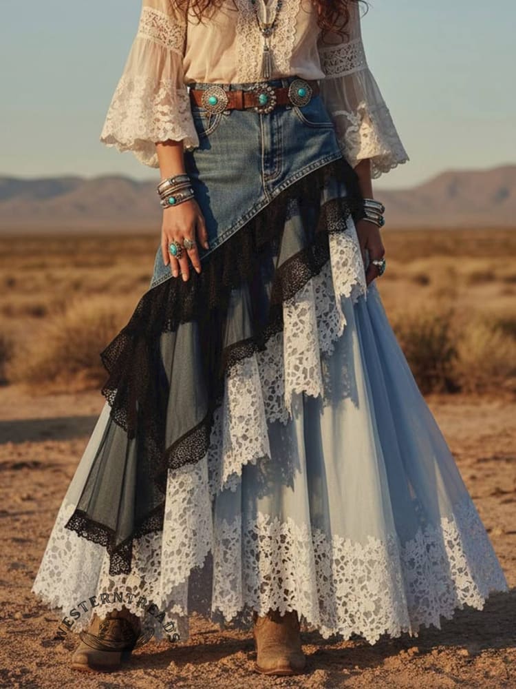 French Style Lace Montage Irregular Cowboy Skirt