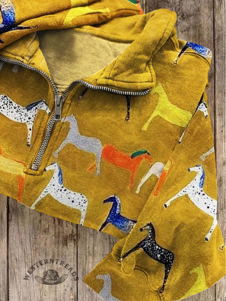 š„Limited Time Discountš„Horse Print Casual Long Sleeve Zip Sweatshirt