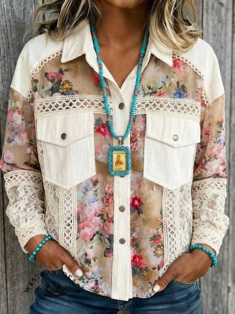 Lace Patchwork Floral Trim Long Sleeve Shirt