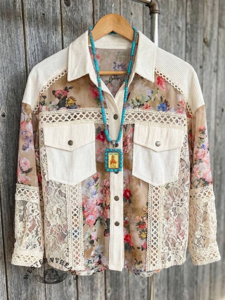 Lace Patchwork Floral Trim Long Sleeve Shirt - Image 3