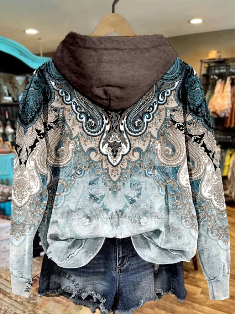 Paisley Print Casual Zip Hoodie Sweatshirt - Image 2