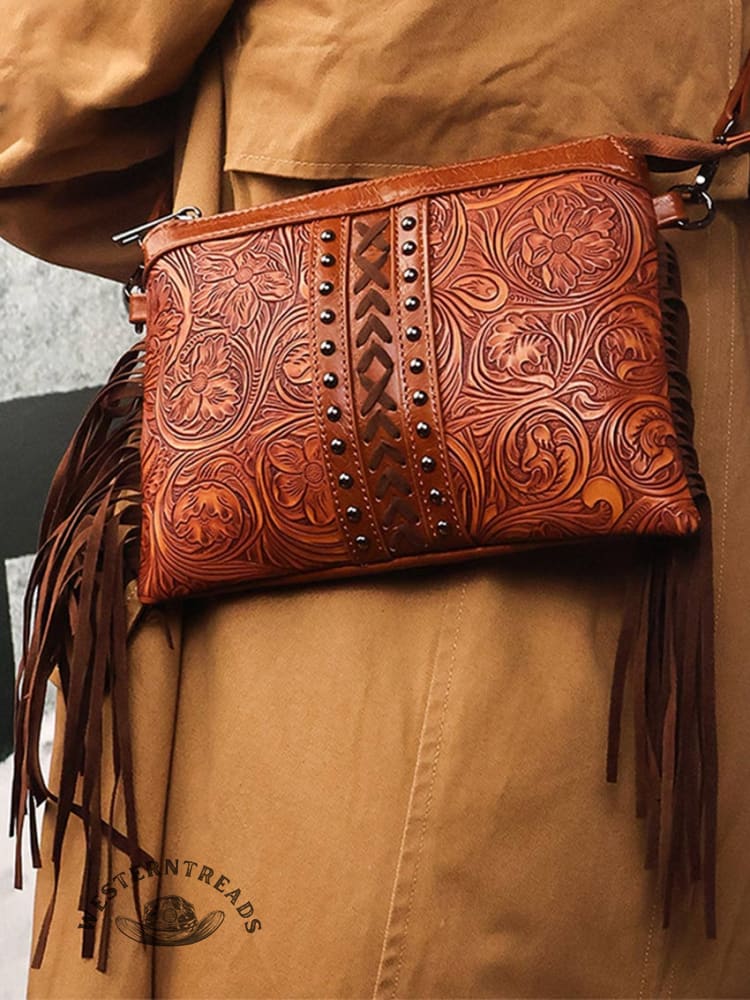 PU Genuine Leather Printed Bohemian Fringed Crossbody Bag - Image 2