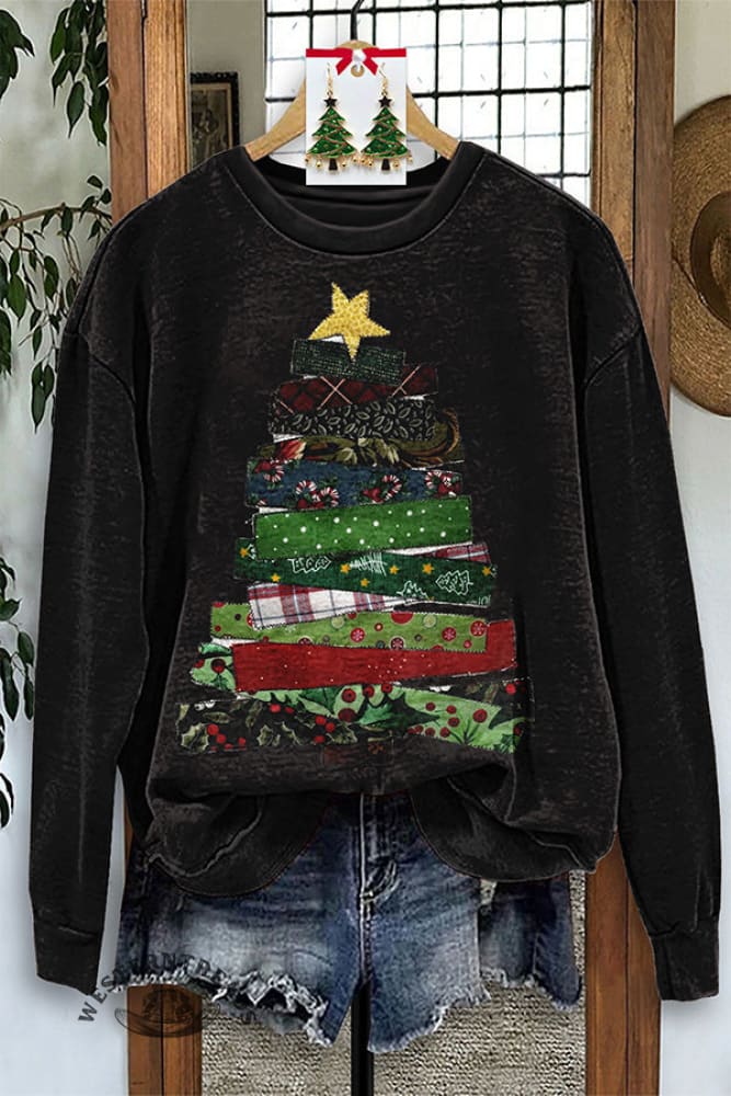 Retro Patchwork Christmas Tree Sweatshirt - Image 2