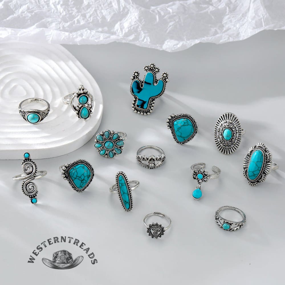 14PCS Turquoise Cactus Carved Ring Set - Image 2