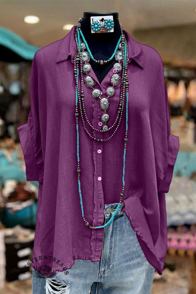 Casual Cotton and Linen Raw Edge Button Shirt - Image 4