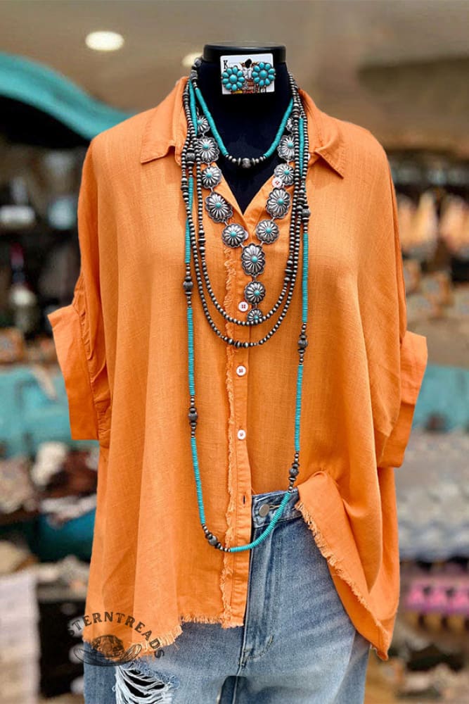 Casual Cotton and Linen Raw Edge Button Shirt - Image 5
