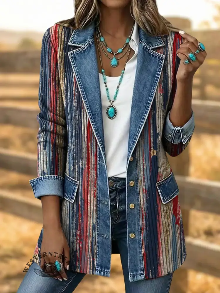 Retro Art Print Patchwork Denim Sweater Cardigan Coat