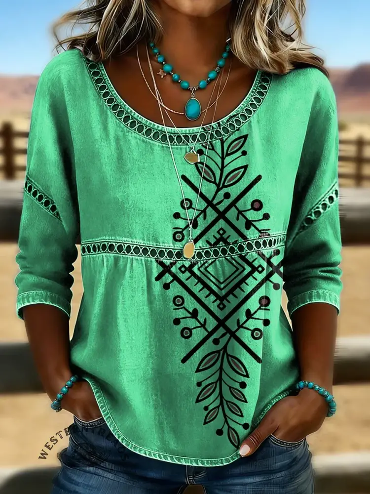 Retro Aztec Floral Art Print Casual Hollow Denim Shirt - Image 2