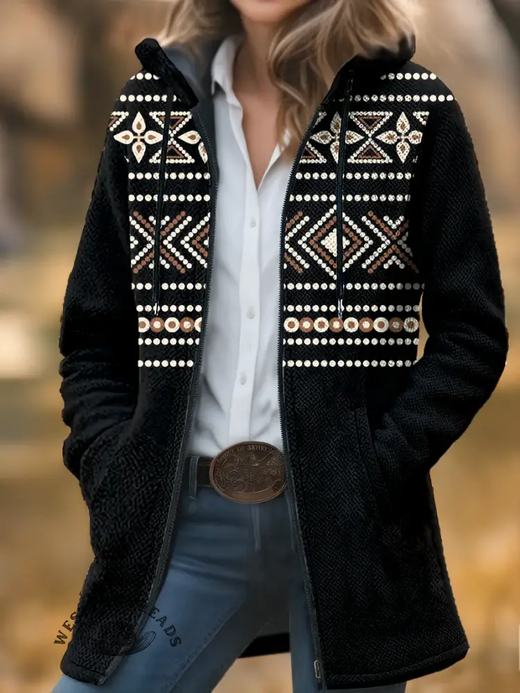 Retro Aztec Unisex Plush Thick Long-Sleeved Cardigan Coat