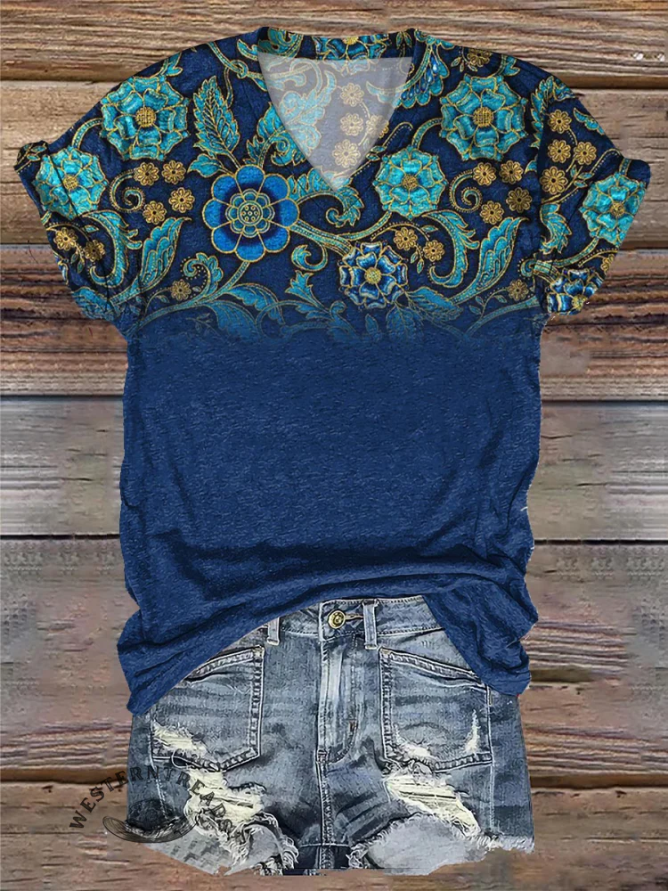 Retro Blue Floral Gradient Pattern Print Casual T-Shirt - Image 2