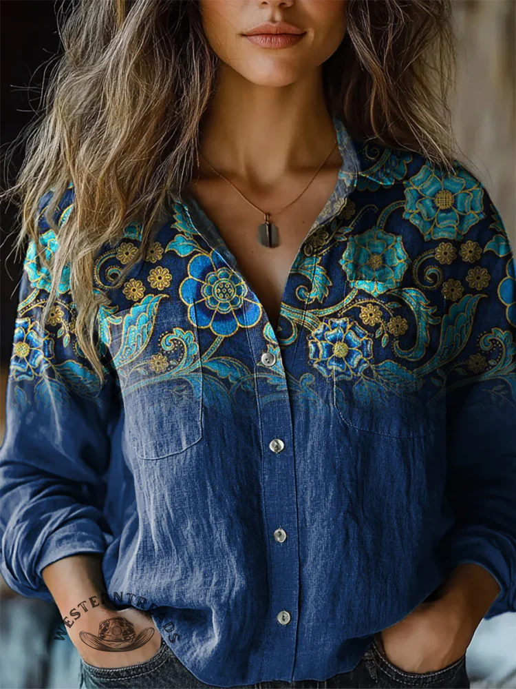 Retro Blue Floral Gradient Pattern Print Casual T-Shirt - Image 4