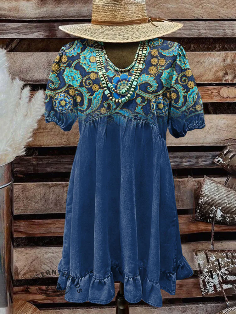 Retro Blue Floral Gradient Pattern Print Casual T-Shirt - Image 6