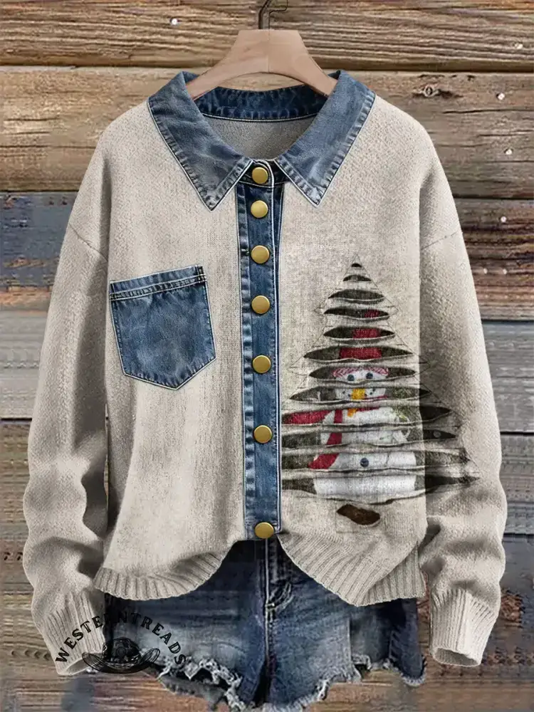 Retro Christmas Tree Snowman Casual Cotton Sweatshirt - Image 3