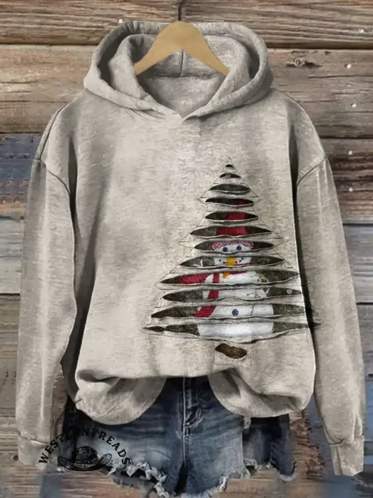 Retro Christmas Tree Snowman Casual Cotton Sweatshirt - Image 4