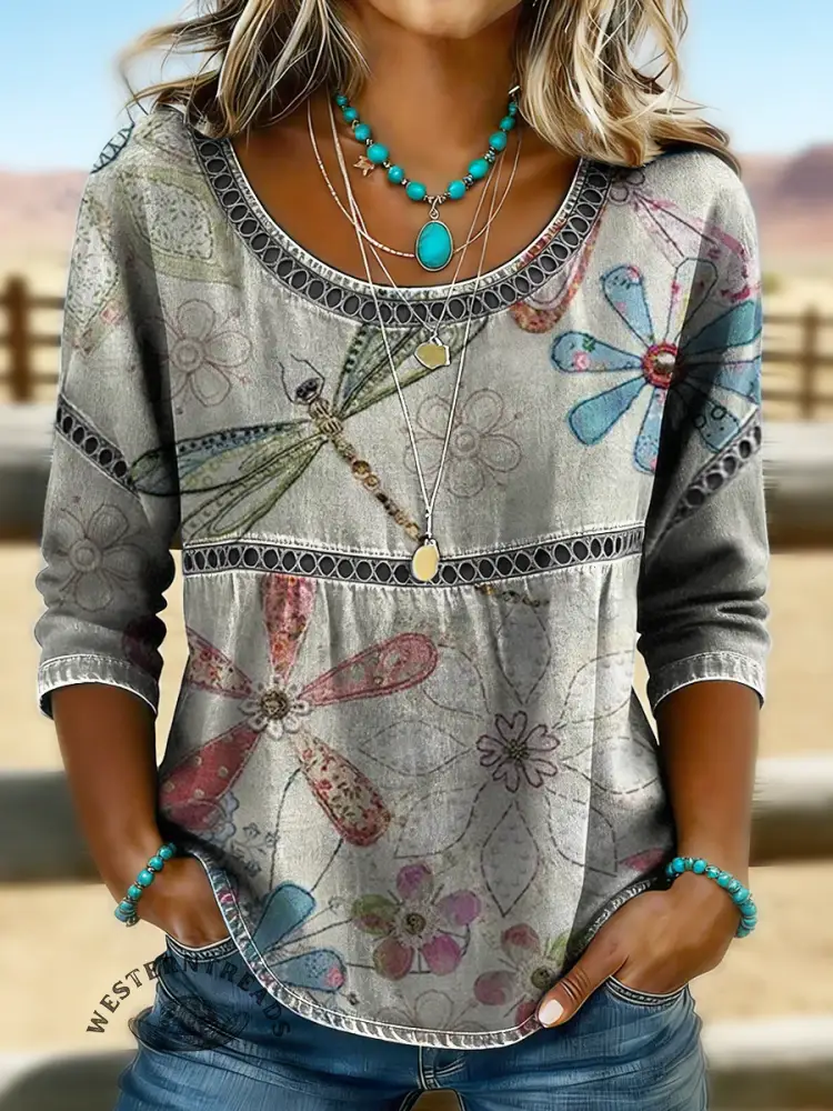 Retro Dragonflies And Flowers Art Print Casual Puff Sleeve Denim Shirt