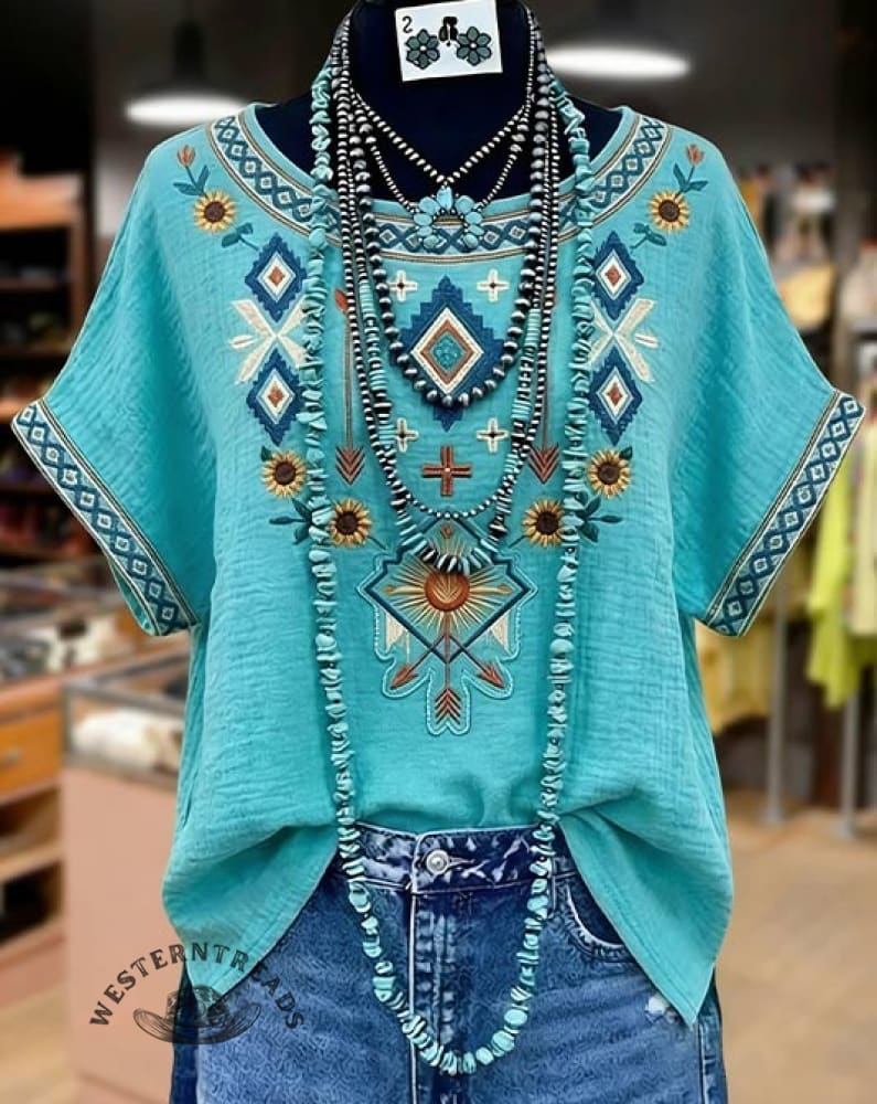 Retro Ethnic Embroidered Dolman Sleeve Cotton Blouse
